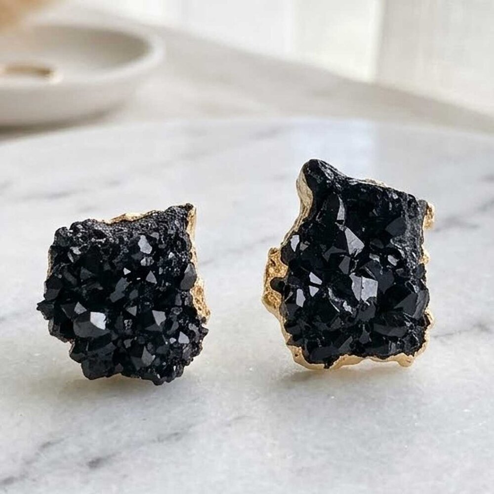 Ladies Black Stud Stone Earrings - Picture 2 of 3